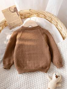 Baby Boy & Girl Minimalist Round Neck Long Sleeve Knit Cardigan Sweater, Solid Color Single-Breasted Casual Versatile Jacket For Daily Wear, School, Spring, Autumn, Winter - Brown - View 2