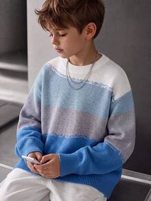 1pc Tween Boys Blue Grey White Gradient Brush Stripe Knit Sweater, Fresh Macaron Style Loose Crew Neck Top For Spring And Autumn - Blue - View 1