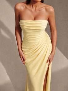 VIPGIRL Yellow Strapless Evening Dress Ruched Corset Drape Front Split Backless Lace Up Bodycon Floor Length Prom Party Formal Wedding Guest Maxi Dress - Yellow - View 5