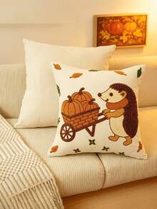 1/2/4pcs Short Plush Harvest Hedgehog Pattern Exquisite Embroidery Craft Cushion Pillowcase, Multiple Sizes, Universal Home Use, Pillow Insert Not Included - Orange - View 3