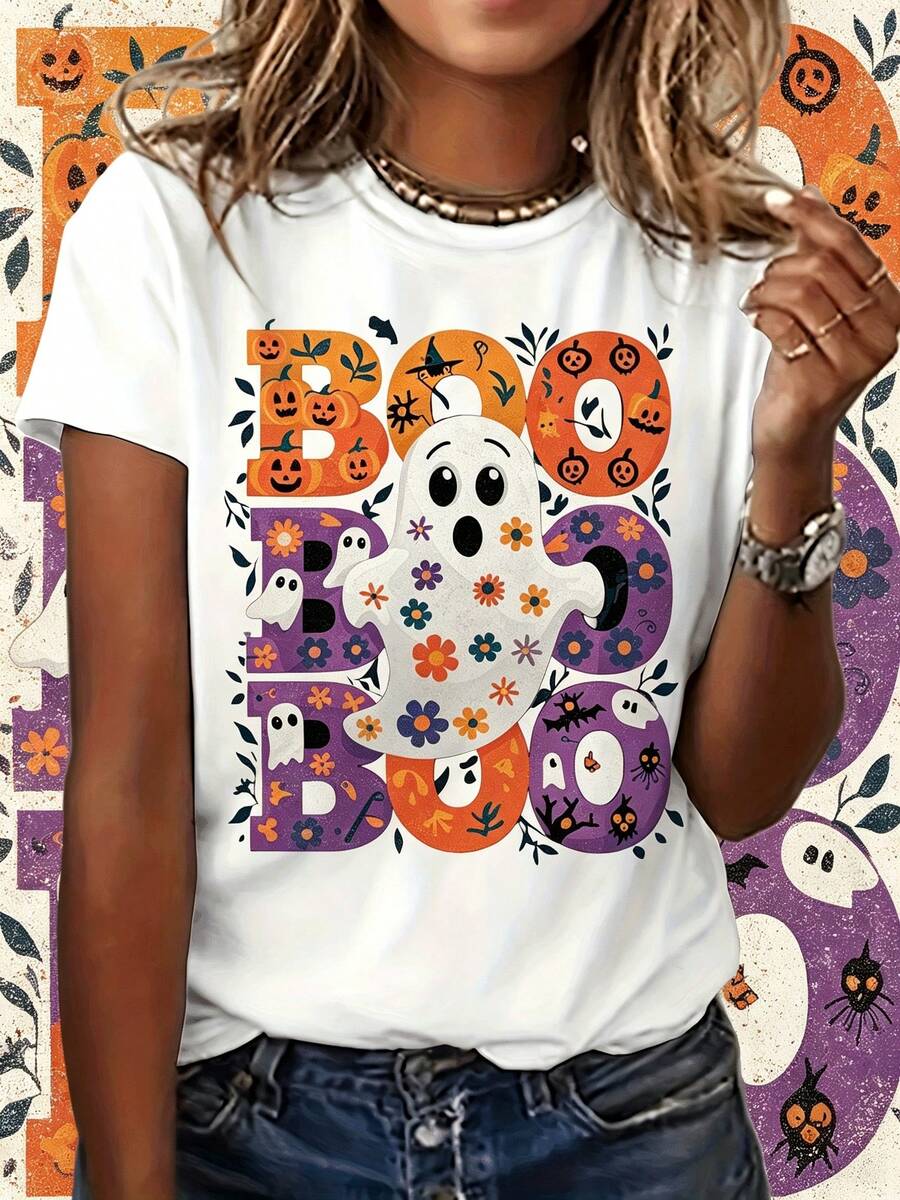 Adorable Ghost-Themed Floral Halloween Graphic Tee, Short-Sleeved Crew Neck Casual Top Perfect For Spring And Summerjas Women Halloween Kostüm Damen - White - View 1
