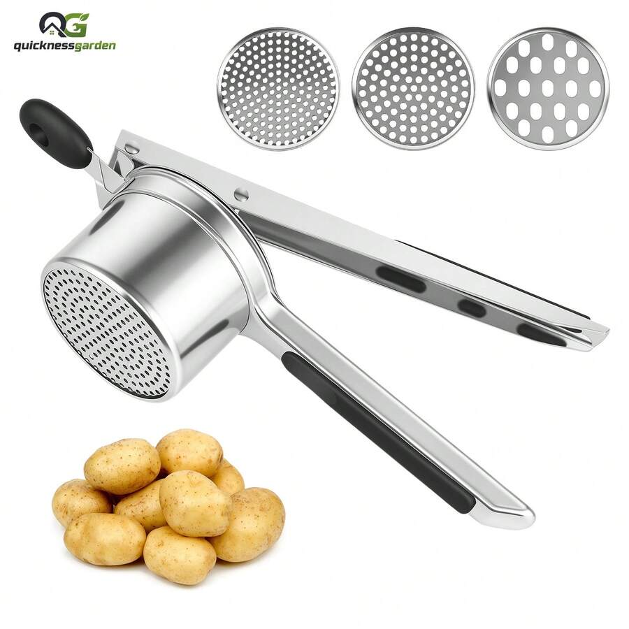 Stainless Steel Potato Ricer Masher With 3 Interchangeable Plates, Potato Press For Fluffy Mashed Potatoes Carrot Pumpkin Baby Food, Kitchen Gadget - Silver - View 1