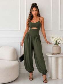 Women Spaghetti Strap Midriff Cutout Jumpsuit High Waist Gathered Harem Pant Romper Elastic Ankle Cuff Relaxed Fit Casual Daily Street Party Outfit - Army Green - View 5