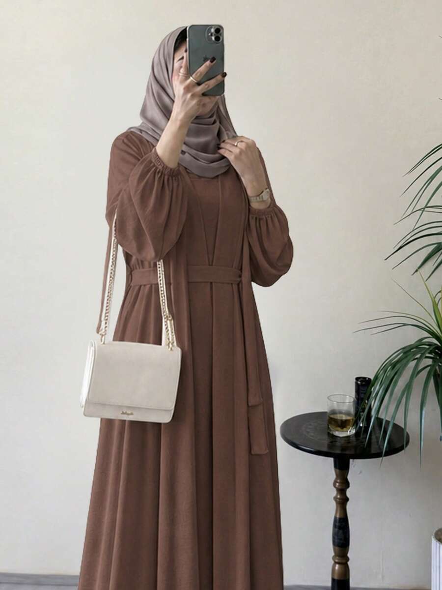 Hafizah 女款純色燈籠袖長袍與洋裝阿拉伯風套裝(不含頭巾) - 棕色 - 查看 1
