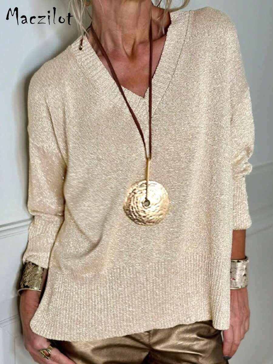 Plus Size Women Solid Color V-Neck Drop Shoulder Long Sleeve Casual Loose Knit Sweater, Autumn/Winter Fall