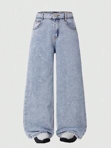 Teen Girl Spring Casual Versatile Daily Travel Denim Jeans With Pockets And Buttons - Blue - View 2