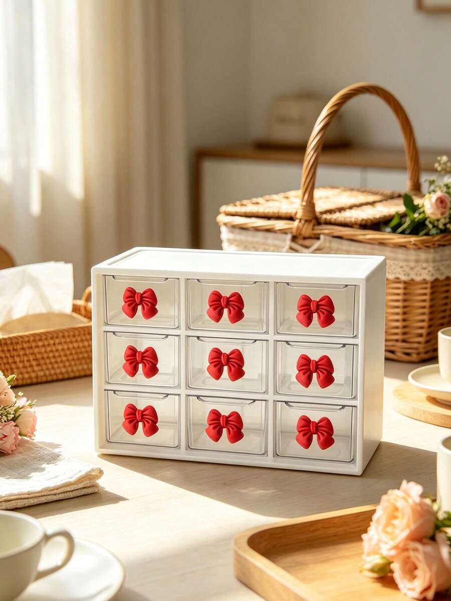 Drawer-Style Mini Cosmetic Organizer, Featuring Various Colored Bows, Transparent Plastic Stackable Storage Boxes, Multiple Designs, And Multiple Compartments. Suitable For Desktops, Offices, And Bedrooms, With A Smooth, Easy-To-Clean Surface. - Multicolor - View 1
