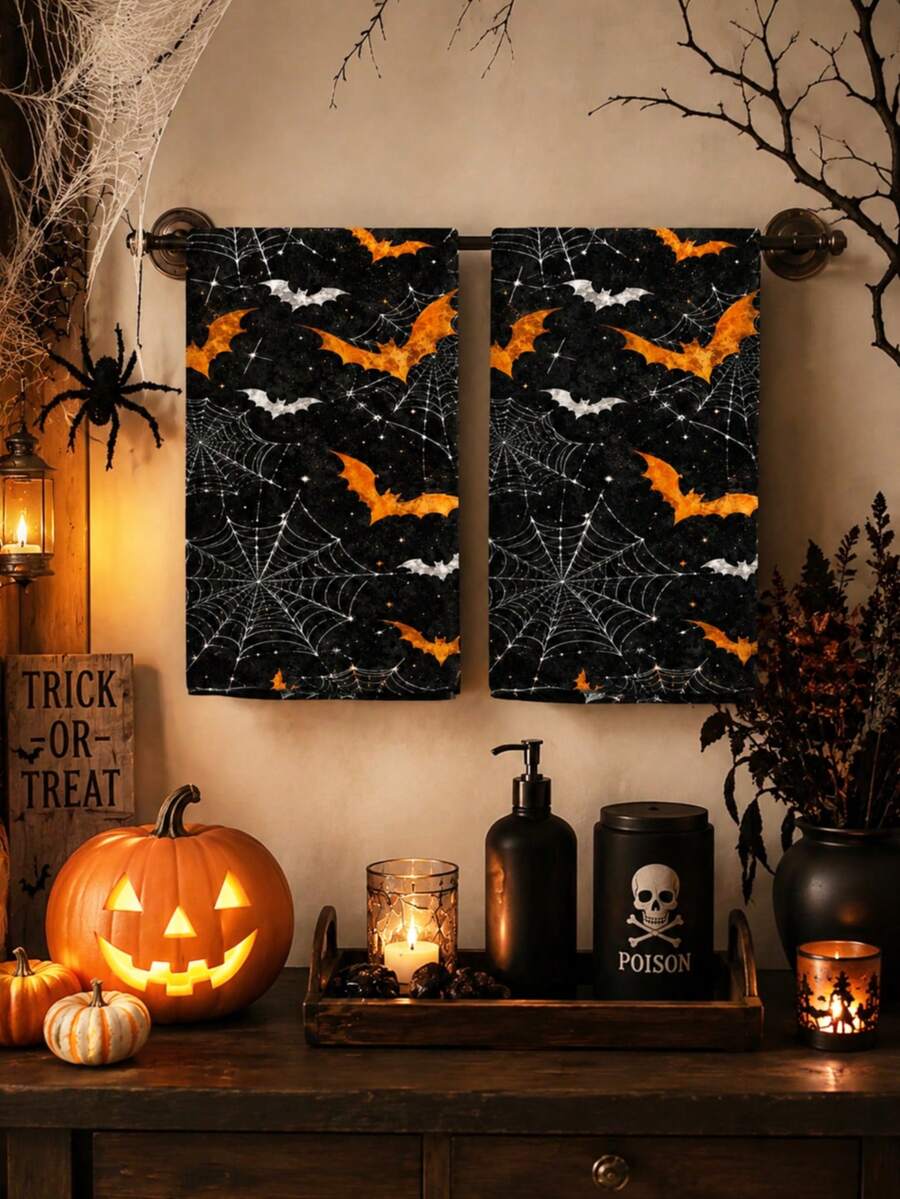 2pcs/4pcs Halloween Bat Spider Web Towels, Orange & White Vintage Distressed Print, Soft Absorbent Microfiber, Bathroom Kitchen Holiday Decor Gift - Multicolor - View 1