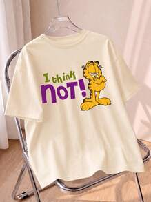 Beige Tee, Cross Arms Cartoon Cat Colorful Slogan I Think Not Print Loose Short Sleeve Street Casual Outfit Summer - Apricot - View 1