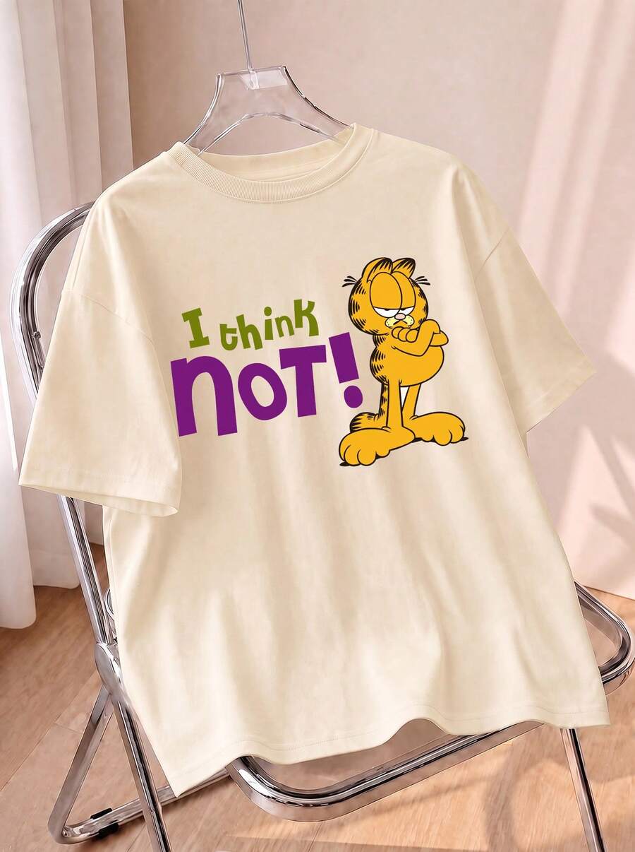 Beige Tee, Cross Arms Cartoon Cat Colorful Slogan I Think Not Print Loose Short Sleeve Street Casual Outfit Summer - Apricot - View 1