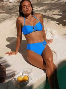 Women's Solid Color Halter Bikini 2 Pieces Set With Metal Accent, Suitable For Island Vacation Beach Summer - Blue - View 1