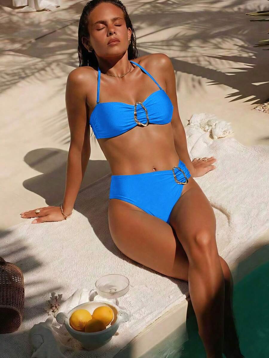 Women's Solid Color Halter Bikini 2 Pieces Set With Metal Accent, Suitable For Island Vacation Beach Summer - Blue - View 1