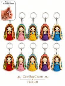 10pcs Colorful Crochet Style Virgin Mary Keychain, 2D Flat Acrylic Floral Praying Girl Pendant, Cute Religious Faith Bag Charm, Car Key Chain Accessory, Suitable For Daily Commute, Church Gathering, Baptism, Religious Memorial, Holiday Party And Faith Gift - Multicolor - View 13