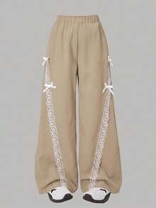 Lurzo Fashionable Sweet Tween Girl Casual Lace Trim Bow Grey Wide Leg Pants, Suitable For Spring And Autumn Daily Outdoor Wear - Khaki - View 1