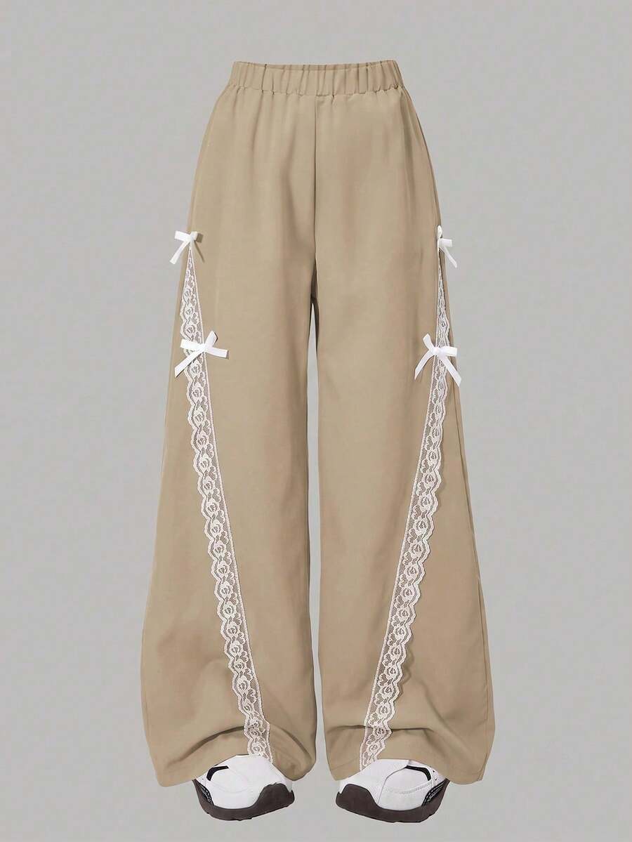 Lurzo Fashionable Sweet Tween Girl Casual Lace Trim Bow Grey Wide Leg Pants, Suitable For Spring And Autumn Daily Outdoor Wear - Khaki - View 1