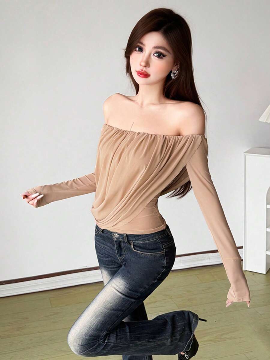 DOUCIU Women's Off-Shoulder Deep V-Neck Knitted Short Top With Tassel Fringe Decor, Long Sleeve Medium Elasticity Autumn Outfit - Khaki - View 1