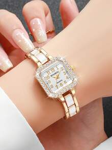 Women's Luxury Square Rhinestone Dial Quartz Watch, Elegant Small Square Wristwatch, Gift For Girlfriend (1pc/Set) Watch Box Not Included - White - View 5