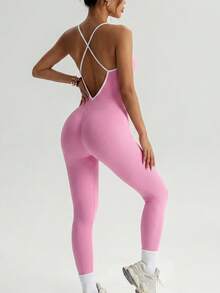 Women's Seamless Yoga-Style Jumpsuit With Built-In Chest Pads, Pink Ribbed Fabric, Criss-Cross Deep V-Neck Hollow Design, Suitable For Daily Wear - Pink - View 5