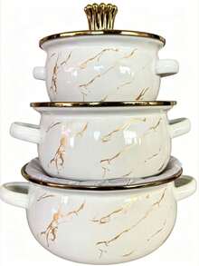 3pcs Enamel Pots With Gold Rim, Mini Enamel Soup Pot, Porridge Pot, Milk Pot, Double-Ear Pot, Enamel Pot, Noodle Pot, Milk Pot, Enamel Bowl With Lid - View 15