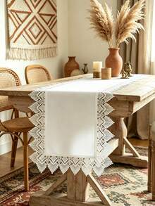 White Water‑Soluble Lace Table Runner, Solid Plain Polyester Table Runner With Geometric Fan‑Shaped Lace Trim, Boho Farmhouse Dining Table Decor For Party Wedding Home Decoration - White - View 17