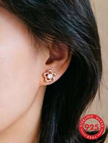 925 Sterling Silver Flower Stud Earrings, Versatile Minimalist Delicate Ear Jewelry - Coral Pink - View 3