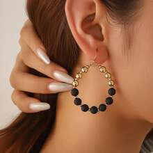 1pc Sweet Matte Pink Beads & Small Gold Beads Splice Oval Beaded Hoop Earrings, Simple Casual Women's Ear Jewelry - Black - View 10
