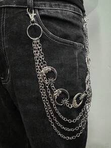 1pc Multi-Layer Men's Unisex Pant Chain, Fashion Hip-Hop Style, Waist Accessory, With Moon, Sun, Cross, Skull Pendants, Street Party Outfit, Gift Jewelry - A - View 2