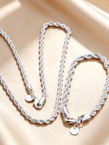Men's Twisted Rope Necklace & Bracelet, Fashion Unisex Silver Jewelry, High-Quality Accessories - Silver - View 3