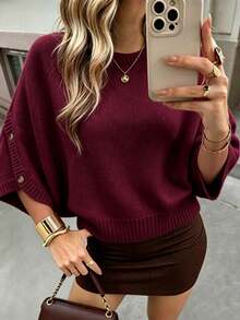 Women's Casual Autumn/Winter Solid Beige Round Neck Batwing Sleeve Knit Top, Button Design Pullover Sweater, Suitable For Daily Office Commute - Burgundy - View 7