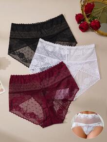 3PCS Plus Size Women's Sexy Lace Panties French Romantic Burgundy & Black Lingerie Gift For Girls - Multicolor - View 1
