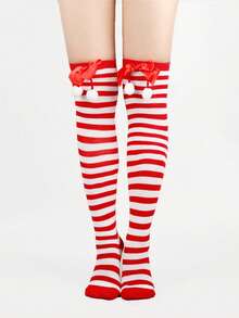 4/3/1 Pairs Christmas Striped Solid Color Bow Pom Pom Deer Head Green Red Cute Holiday Over Knee Thigh High Socks - Multicolor - View 14