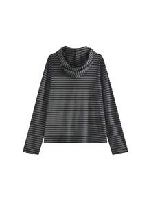 American Design Button-Up Hooded Lazy Vintage Striped Long Sleeve T-Shirt (Random Stripes) - Black - View 6