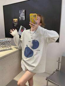 Women's Fashion Autumn/Winter Loose Round Neck Casual Versatile Fruit Print Long Sleeve T-Shirt - Light Gray - View 6