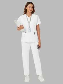 V-Neck Multi-Pocket Short Sleeve Top & Tie Waist Long Pants Scrub Set White - White - View 7