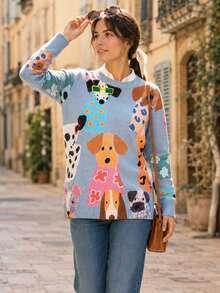 [All-Over Print][Lightweight]Autumn/Winter Casual Cute Puppy Pattern Crew Neck Knit Fashion Women's Lightweight Sweater, Suitable For Outings Fall - Baby Blue - View 7