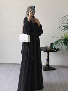 Hafizah 女款純色和服風阿巴雅長裙套裝，不含頭巾 - 黑色 - 查看 6