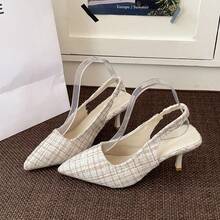 Beige Tweed Pointed Toe Slingback High Heels, Soft Elegant Summer Stiletto Pumps, Suitable For Wedding Guests, Garden Parties And Afternoon Tea - White - View 10