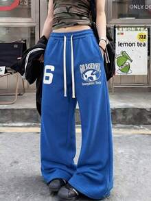 女款抽繩針織直筒寬鬆長褲，休閒時尚運動褲，保暖內裡，磨毛布料，寬鬆保暖，適合秋冬穿著，白色印花圖案，微彈力，舒適居家服，適合約會、運動、休閒、旅行 - 藍色 - 查看 5
