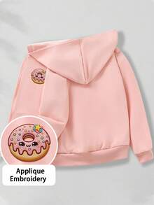 Cute Sweet Style Girls' Full Zip Hooded Sweatshirt Jacket, Donut Patch Embroidery Loose Fit Hooded Jacket, Spring/Autumn - Pink - View 3