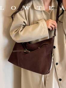 1pc Suede Fabric Shoulder Bag With Adjustable Strap, Suitable For Commuting, Shopping And More - Coffee - View 11