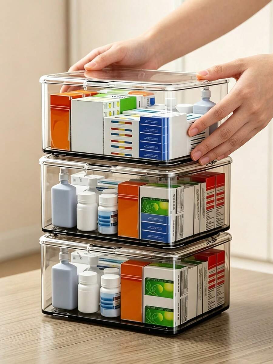 Large Capacity Flip Cover Medicine Box, Makeup Box Storage Acrylic Transparent Storage Box, Flip Top Desktop Cosmetics Dust-Proof Storage Box, Snack And Miscellaneous Sorting Box, Household Mini Medicine Box, Face Masks, Unique Gift For Thanksgiving And Christmas For Family, Mother, Female Friends Or Yourself - Multicolor - View 1