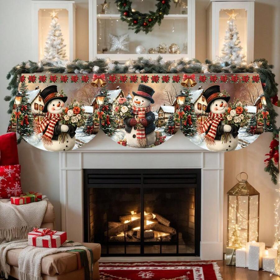 1pc Christmas-Themed, Snowman Christmas Tree Winter Snow Scene Fireplace Towel, Festival Gift, Party Supplies, Suitable For Home Living Room Fireplace Decoration, Table Setting - A - View 1