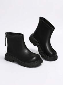 1 Pair Girls' Maillard Black Back Zipper Thick Sole Ankle Boots, Suitable For Autumn/Winter Daily Outings, Shopping, Vacation - Black - View 3