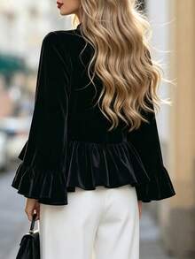 DONICY Women's Black Velvet Round Neck Flare Sleeve Ruffle Hem Blouse, Loose Draped Long Sleeve Top For Fall Daily Wear - Black - View 2
