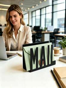 Modern Aesthetic Black Metal Hollow Letter Organizer, Desktop Mail Sorting File Rack, Office Envelope Document Storage, Minimalist Decor - Multicolor - View 2