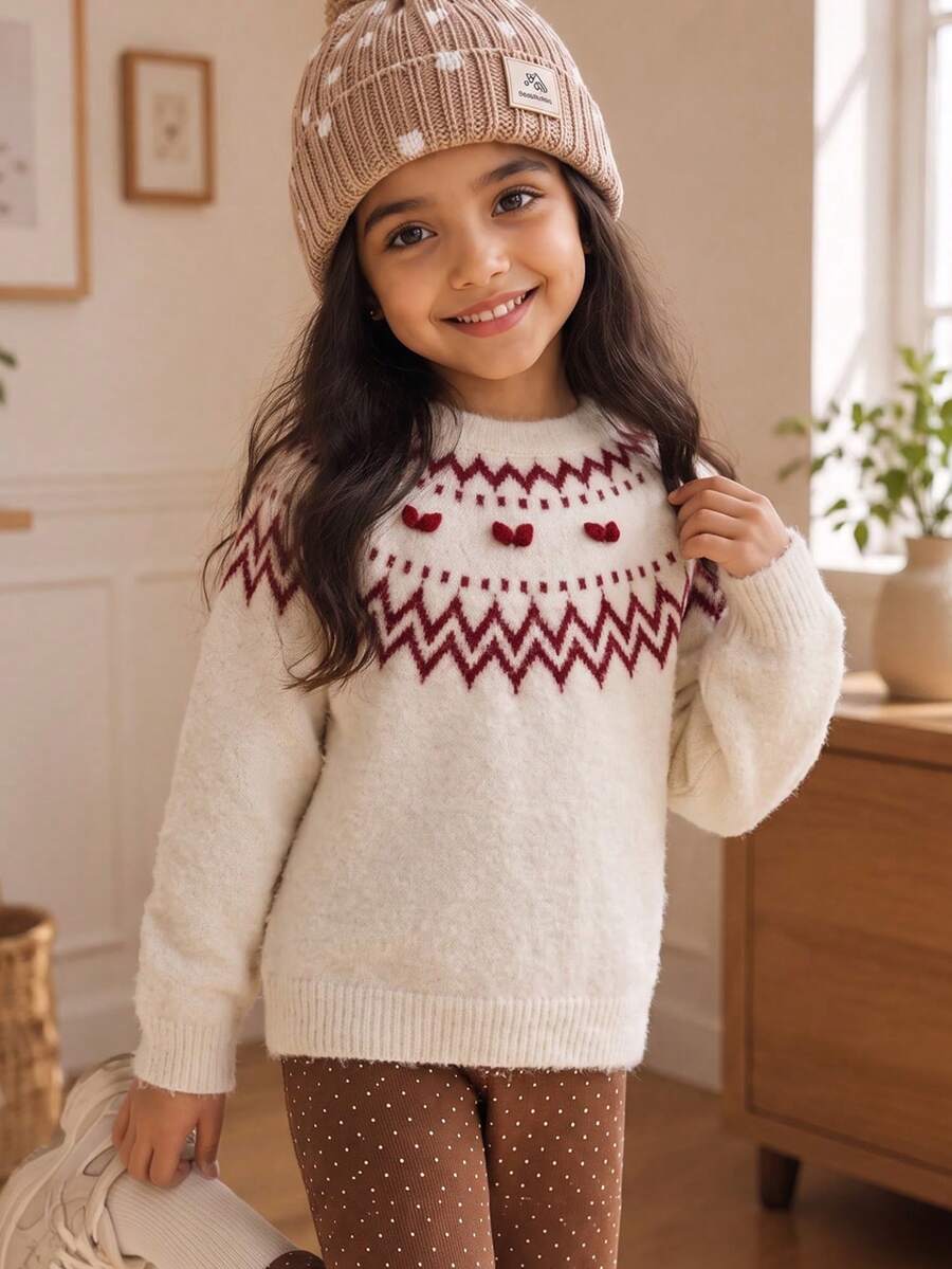 Tween Girls Fair Isle Sweater, Nordic Knit Pullover With Heart Pattern, Crew Neck Long Sleeve Preppy Top, Cozy Casual Fall Winter - Multicolor - View 1
