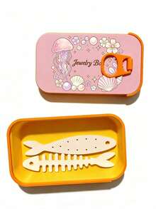 Jewelry Storage Box, Cute Jellyfish & Shell Print Small Accessory Organizer, Portable Travel Mini Jewelry Box With Fishbone Divider And Snap Closure, Compartmentalized Storage For Earrings, Rings, Necklaces, Suitable For Commuting, Short Trips, Dorm Desk, Vanity Organization, Ideal For Delicate Girls, Students, Jewelry Lovers, Qixi Festival, Birthday, Best Friend Gift, Portable Earring Box, Mini Jewelry Organizer, Cartoon Fishbone Jewelry Box, Travel Small Jewelry Storage Box - Multicolor - View 15