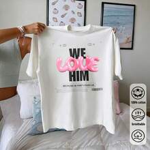 Women's We Love Him Graphic Print Oversized T-Shirt Dress White Pink Black Text Round Neck Short Sleeve Summer Breathable Cotton - White - View 3