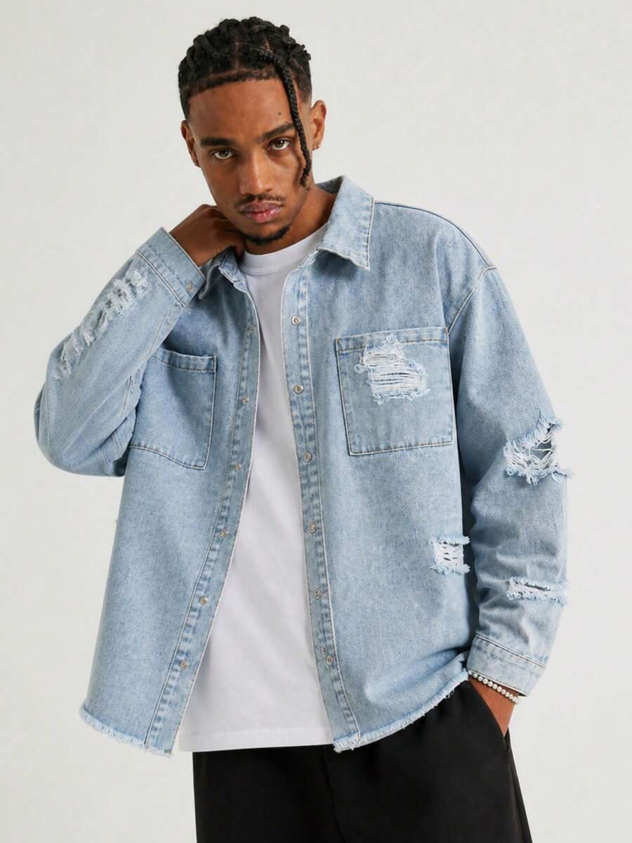 Jaket Denim Sobek Bergaya Distressed untuk Pria dengan Saku dan Kancing Jepret, Atasan Streetwear Kasual Serbaguna untuk Musim Semi dan Gugur - Light Wash - View 1