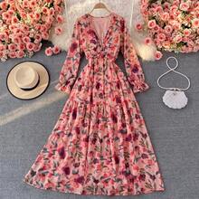 Women's V-Neckline Long-Sleeved Printed Ruffle Dress - Pink - View 5